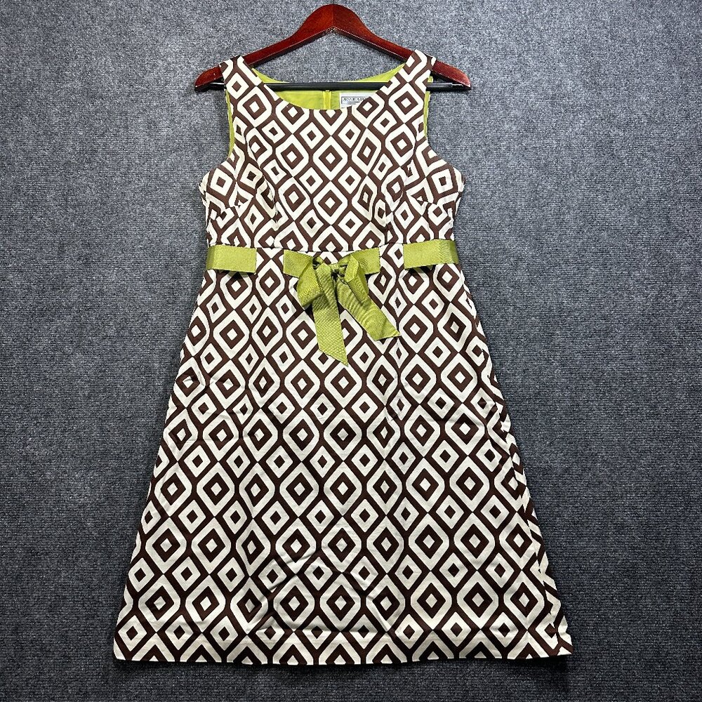 Jessica Howard Dress Womens 10 Sleeveless White Brown Print Ribbon Tie Back Zip